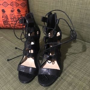 BCBG MAX AZRIA CAGED SNAKE SKIN HEELS